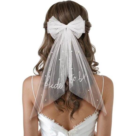 Accessories - Bridal Hair Bow Veil Satin Pearl Clip for Weddings Bridal Shower Gift